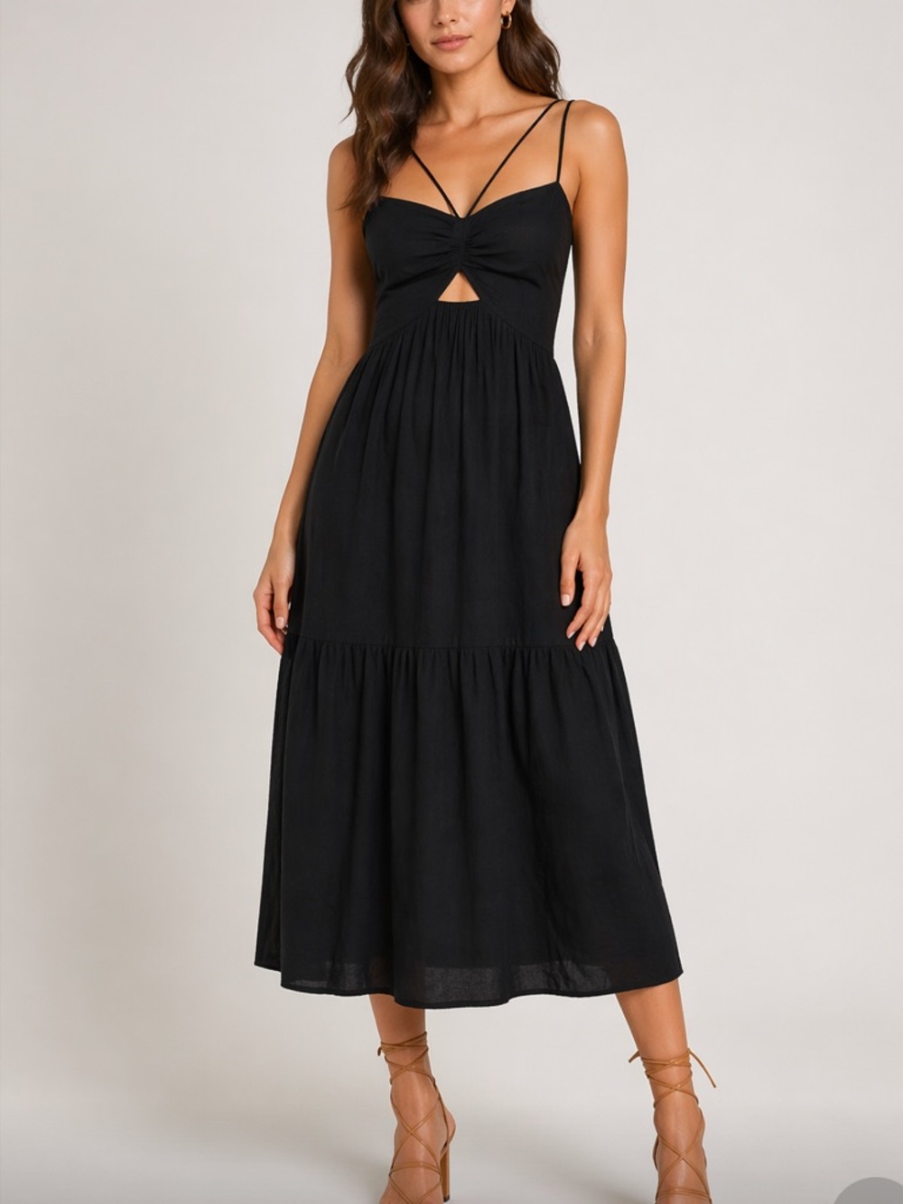 Jason Wu Black Strappy Linen Midi Dress with Cutout